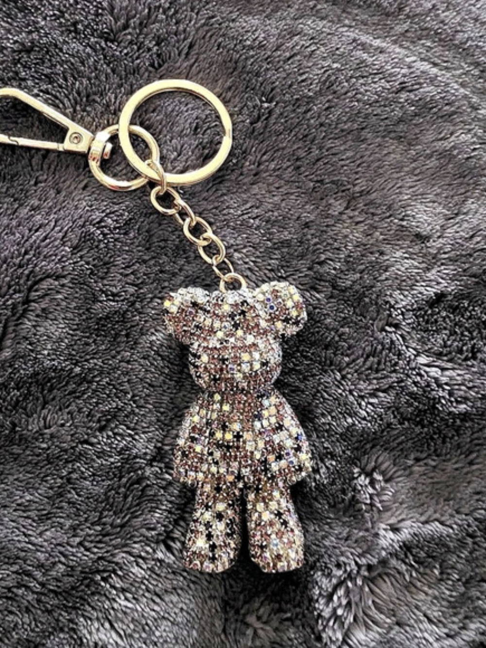 Rhinestone Purple Teddy Bear Keychain in Gold